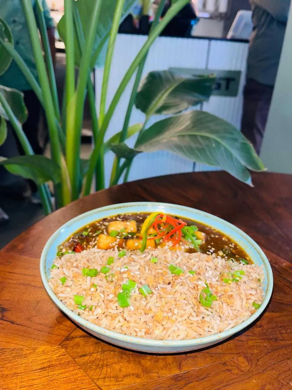 A dark curry ladled beside herbed rice in a shallow bowl