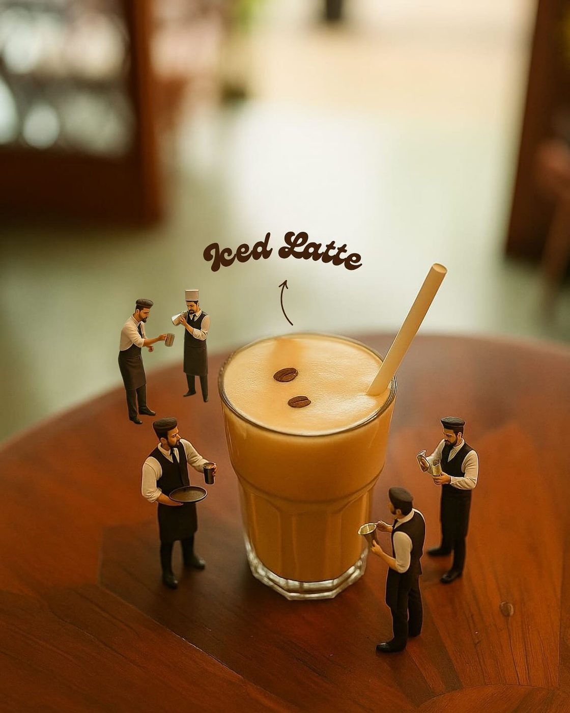 A tall iced latte with tiny model waiters arranged around the glass