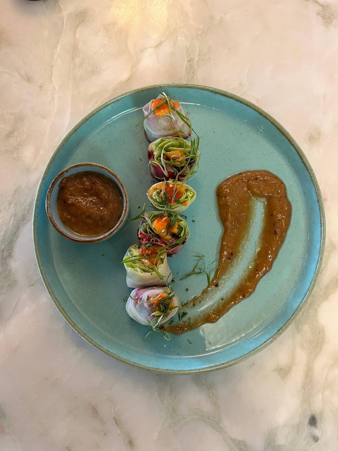 Rice paper rolls with peanut sauce on a turquoise plate